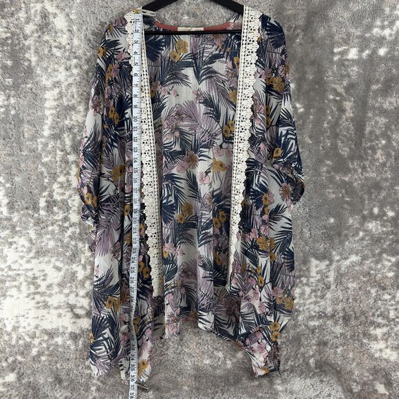 Rewind Size L Floral Tropical Open Front Cardigan Sweater Artsy Semi Sheer - Picture 3 of 10
